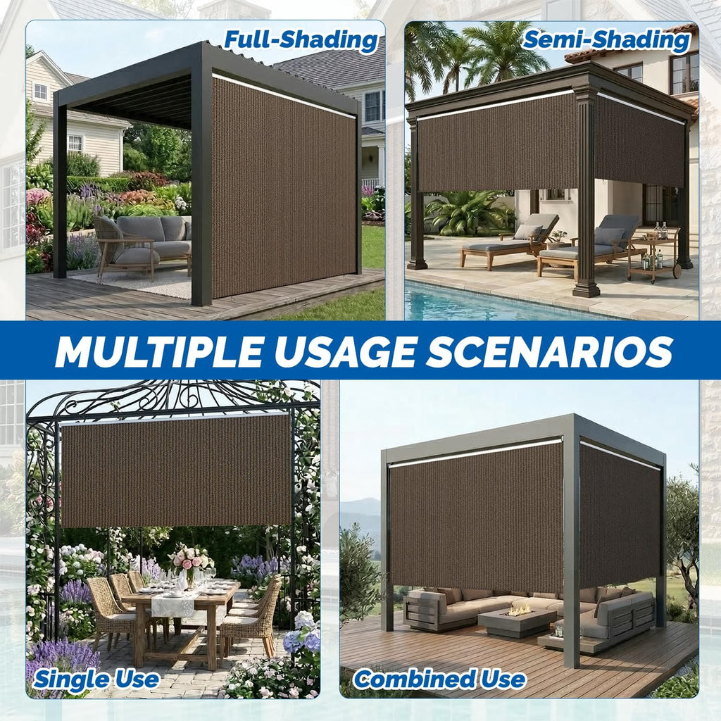 U-MAX Outdoor Roller Shade, 10'(W) x10'(H) Sun Shade Cover Canopy with 99% UV Protection, 220GSM HDPE Exterior Cordless Roll Up Blinds Privacy Screen for Patio, Pergola, Gazebo, Mocha