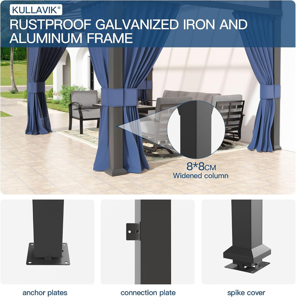 Kullavik 10' × 12' Hardtop Gazebo for Patio,Wall-Mounted Lean to Gazebo Pergola with Sloping Roof and Durable Aluminum Frame,Large Heavy Duty Awnings for Decks,Backyard,Navy Blue