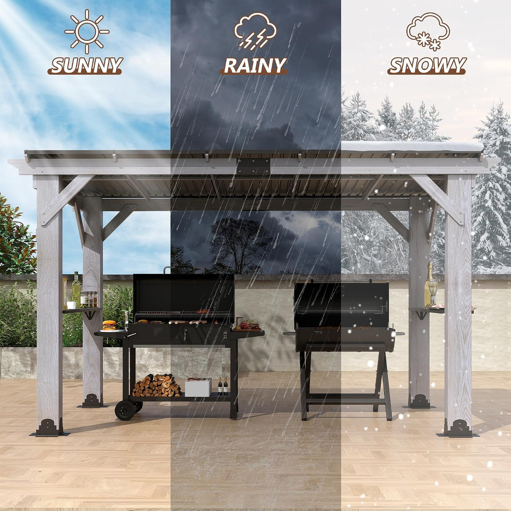 6.5x12.5 FT Wood Grill Gazebo, BBQ Wooden Gazebo with Hardtop Galvanized Steel Roof, Outdoor Cedar Wood Gazebos with 2 Side Shelves for Barbecue, Garden, Deck