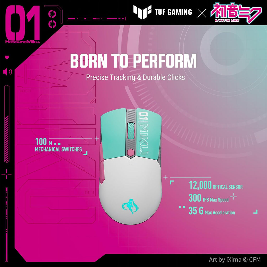ASUS TUF Gaming Hatsune Miku Edition Mini Wireless Mouse – Right-Handed, 65g Lightweight, Compact, Tri-Mode Connectivity, 12K DPI, up to 134Hr Battery, RGB Miku Logo, PC/Mac Support - Aqua