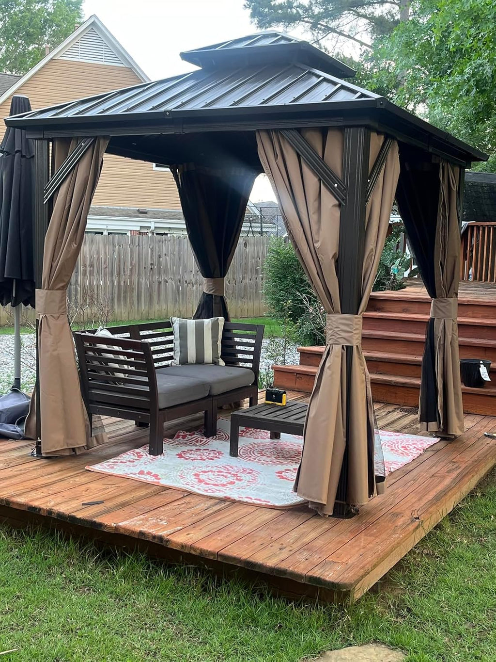 Domi 8' x 8' Hardtop Gazebo Permanent Metal Gazebo with Galvanized Steel Double Roof, Curtains and Netting for Party, Wedding, Outdoor Dining, Patio, Backyard, Brown