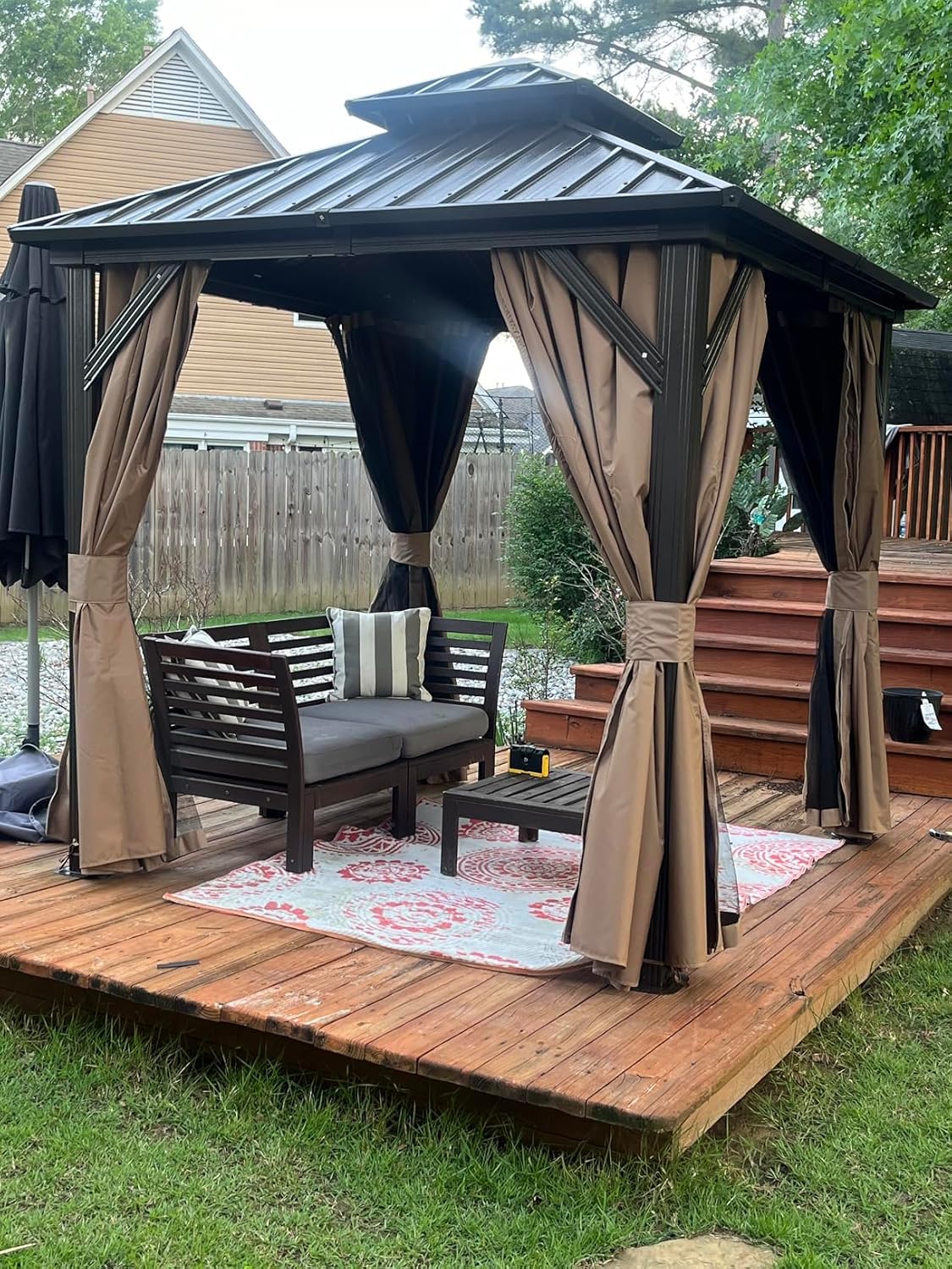 Domi 8' x 8' Hardtop Gazebo Permanent Metal Gazebo with Galvanized Steel Double Roof, Curtains and Netting for Party, Wedding, Outdoor Dining, Patio, Backyard, Brown