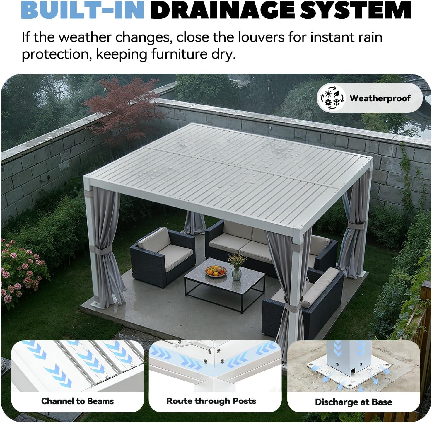 MELLCOM Louvered Pergola 10x12, Steel Aluminum Pergola with Adjustable Louvered Roofs, Outdoor Gazebo with Waterproof Curtains and Nets, White