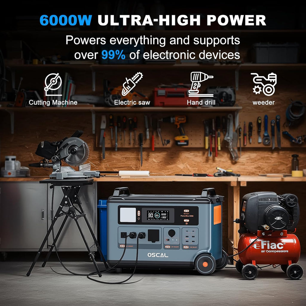 OSCAL 10.8kWh Portable Power Station PowerMax 6000, 120/240V Solar Generator, Max 6000W AC Outlets (9000W Peak), LiFePO4 Battery Power Station for Home, Camping, RV, Emergency