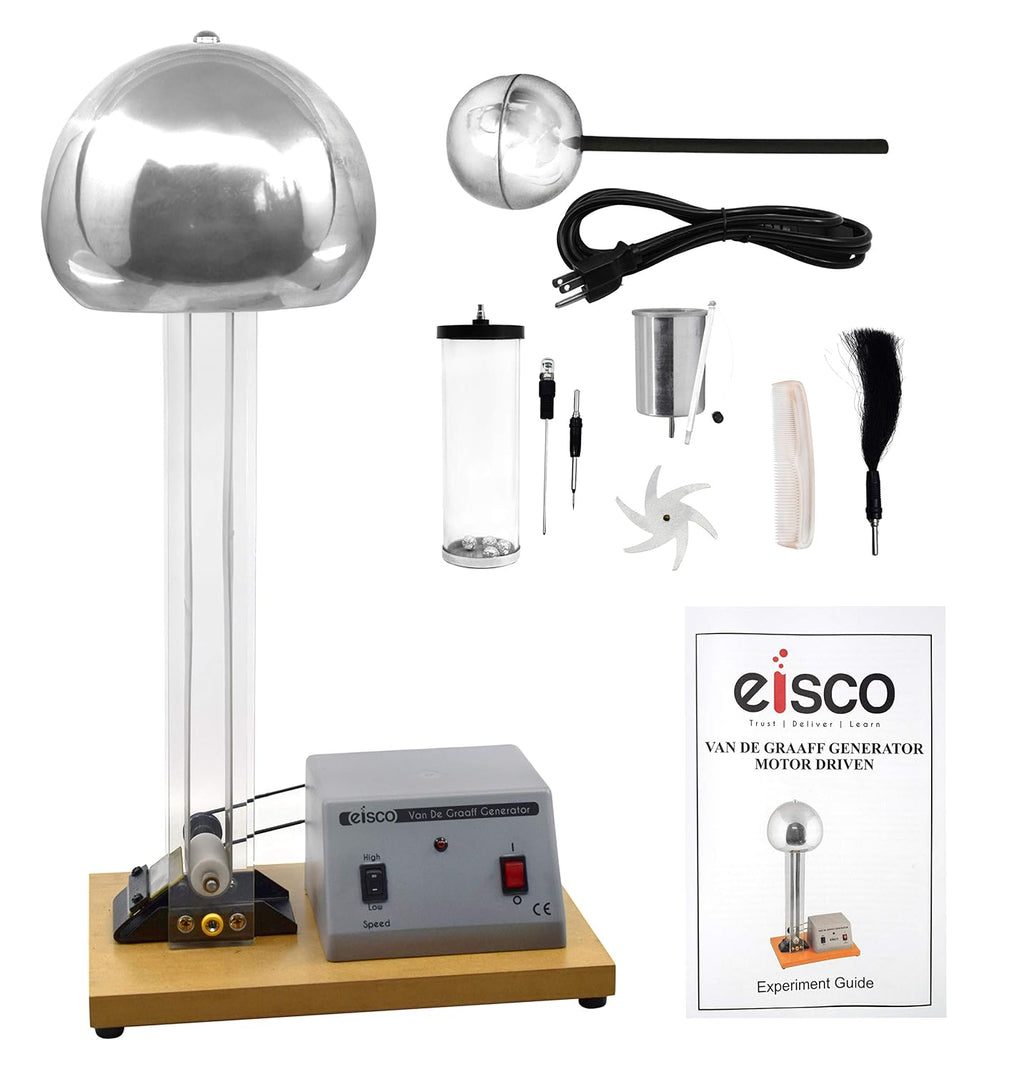 EISCO Van De Graaff Generator, Motor Driven - 120/240V, 50/60Hz - Includes Assembled Base with DC Motor, Power Cord, Discharge Wand, & Accessories - 22' Tall
