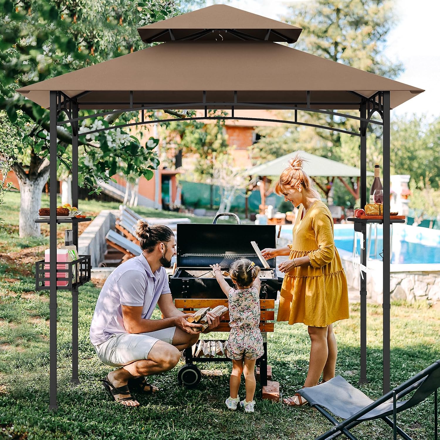 HAPPYGRILL 8 x 5 FT BBQ Grill Gazebo with 2 Side Shelves, Storage Basket, Hanging Hooks, Bottle Opener, Double-Tiered Top, Metal Frame, Outdoor Barbecue Canopy, Grilling Shelter for Patio Garden Yard