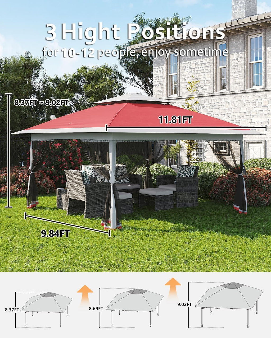 12x12FT Pop Up Gazebo, Instant Backyard Canopy Tent with Mosquito Net & Double Roof, Pop-Up Gazebo Canopies Adjustable Height for Patio, Party, Red