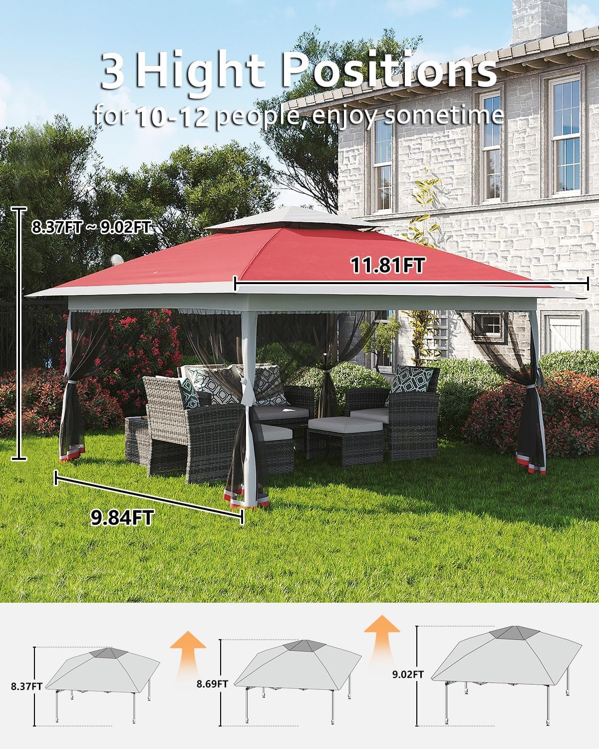12x12FT Pop Up Gazebo, Instant Backyard Canopy Tent with Mosquito Net & Double Roof, Pop-Up Gazebo Canopies Adjustable Height for Patio, Party, Red