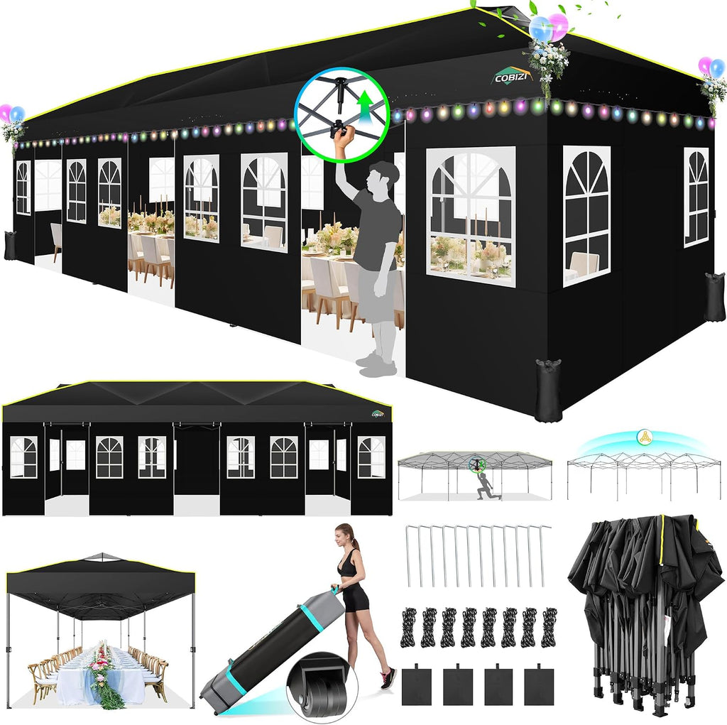 COBIZI 10x30 Pop Up Canopy with Sidewalls, One Push Easy Up Canopy UPF 50+ Waterproof Gazebo Party Tents for Parties, Backyard, Commercial Event, Black
