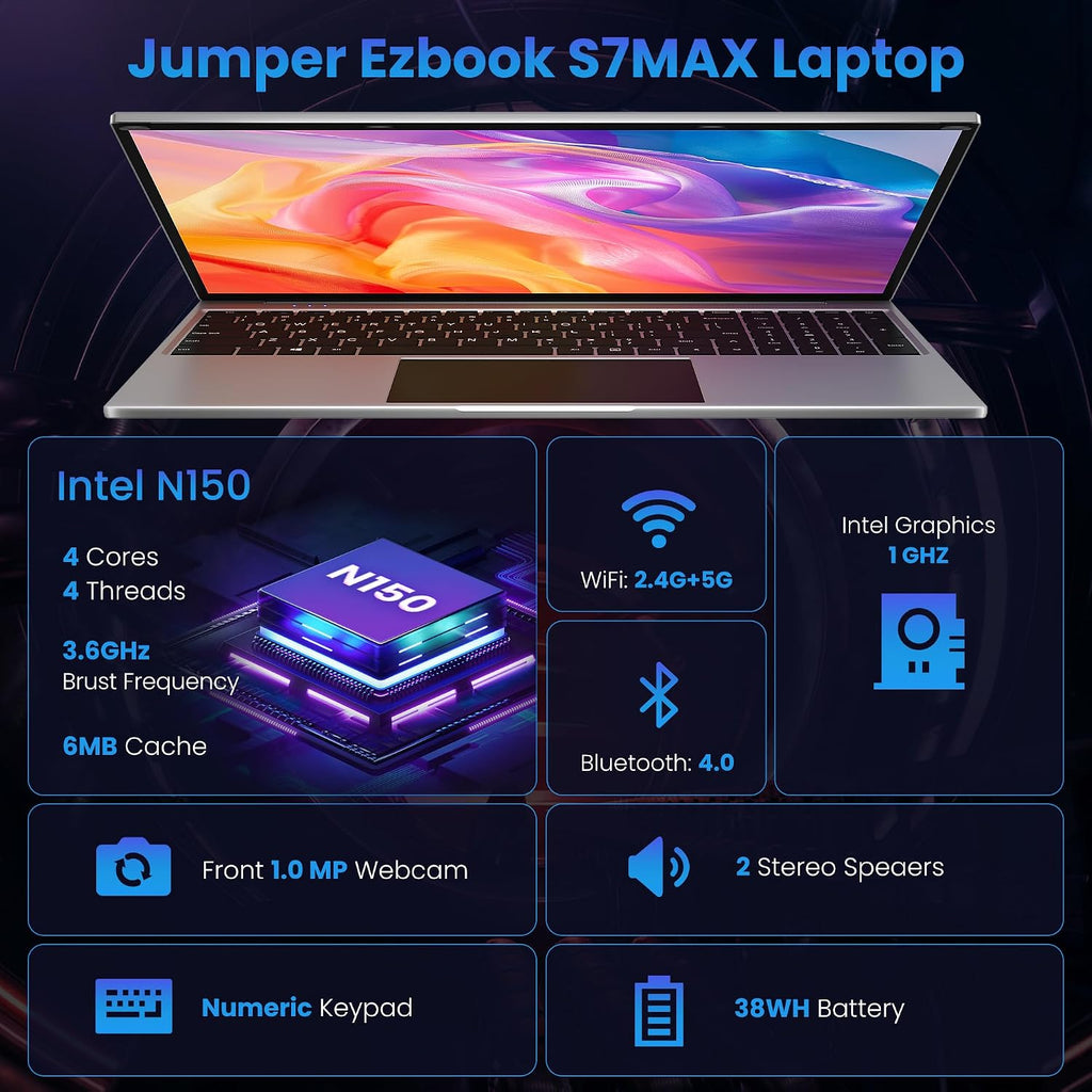 jumper 16 Inch Laptop,12th N150 Processor,1200P IPS Display,1-Year Office 365, 16GB DDR4, 1TB SSD 128GB ROM, Windows 11 Computer, tubro Boost 3.6GHz, Type-C, Purple, for Business and Students.