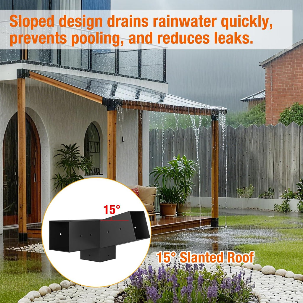 15° Slanted Roof Pergola Brackets, 3-Way Roof Wall Mount Extension Pergola Kit, 4''x4'' Wood Post Base Bracket, Corner Bracket for Gazebos, Patio Pergolas, Log Cabin (8PCS)