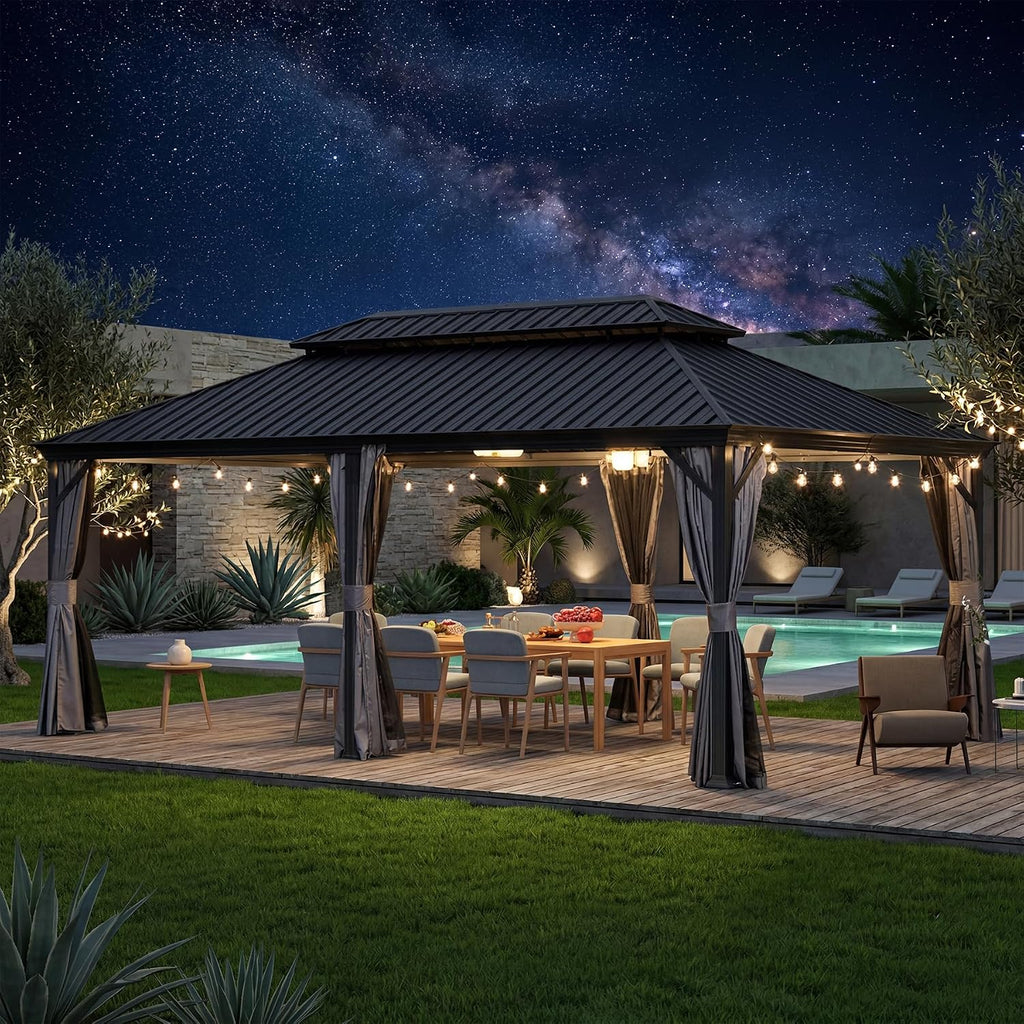 Domi 14' X 24' Hardtop Gazebo, Upgraded Metal Gazebo with Drainage System, Dual-Layer Galvanized Steel Roof, Curtain and Netting, Outdoor Shelter Canopy for Patio, Garden, and Backyard, Grey