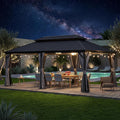 Domi 14' X 24' Hardtop Gazebo, Upgraded Metal Gazebo with Drainage System, Dual-Layer Galvanized Steel Roof, Curtain and Netting, Outdoor Shelter Canopy for Patio, Garden, and Backyard, Grey