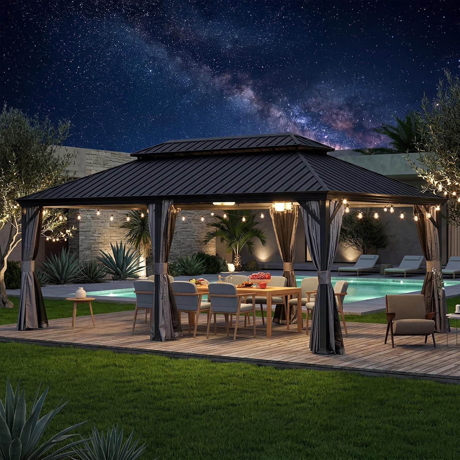 Domi 14' X 24' Hardtop Gazebo, Upgraded Metal Gazebo with Drainage System, Dual-Layer Galvanized Steel Roof, Curtain and Netting, Outdoor Shelter Canopy for Patio, Garden, and Backyard, Grey