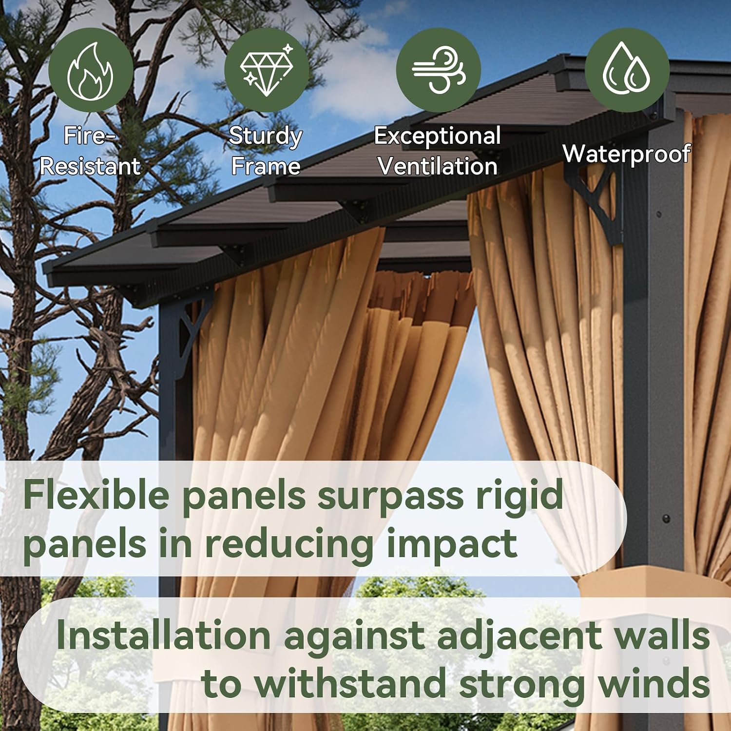 Aoxun 8'x10' Lean to Gazebo with Mosquito Net and Curtains, Aluminum Frame, Polycarbonate Panel, Wall Mounted Pergola with Sloped Roof for Backyard, Porch, Deck