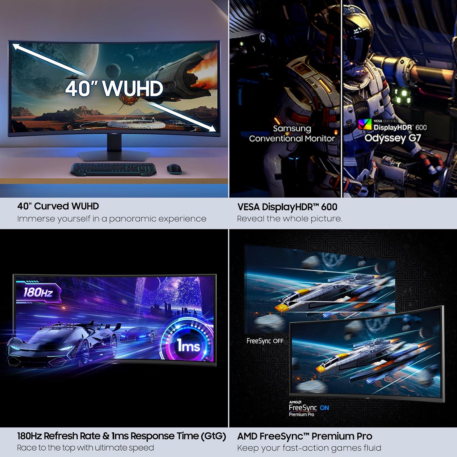 Samsung 40' Odyssey G7 (G75F) WUHD Resolution, 180Hz, Curved Gaming Monitor, 1ms Response Time (GtG), VESA DisplayHDR™ 600, AMD FreeSync™ Premium Pro, LS40FG75DENXZA, 2025