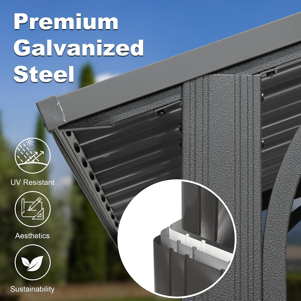 Domi 8x5FT Hardtop Grill Gazebo, Outdoor BBQ Gazebo with 2 Side Shelves and Ceiling Hook, Metal Grill Canopy with Galvanized Steel Double Roof for Patio Lawn Patio Backyard Deck, Grey