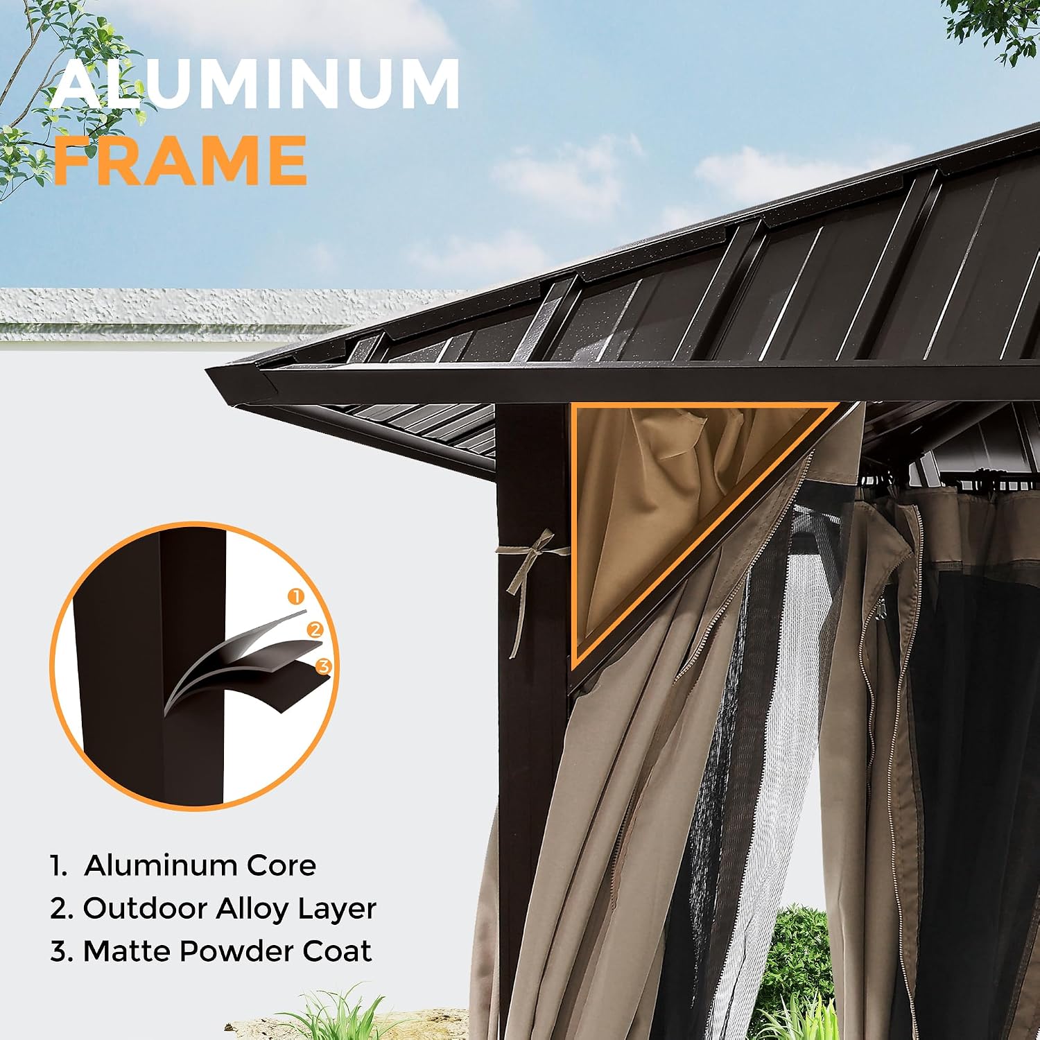 HAPPATIO 12'x12' Outdoor Gazebo with Hardtop Roof, Double Galvanized Steel Roof Canopy with Aluminum Frame, Curtains and Netting for Patio, Backyard, Deck, Lawn, Easy Assembly (Brown)