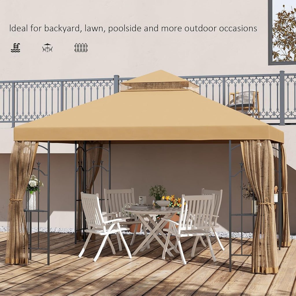 Outsunny 10' x 12' Patio Gazebo with Corner Frame Shelves, Double Roof Outdoor Gazebo Canopy Shelter with Netting for Patio, Wedding, Catering & Events, Brown