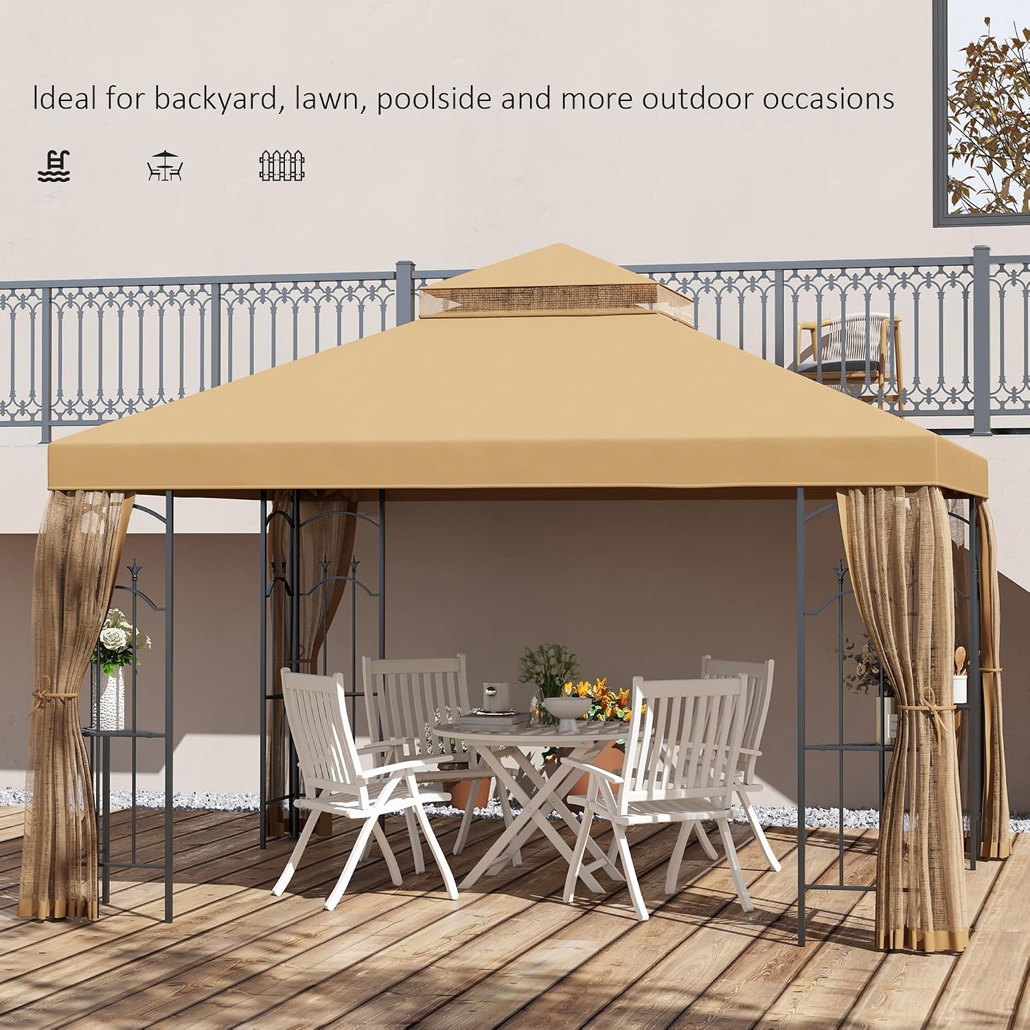 Outsunny 10' x 12' Patio Gazebo with Corner Frame Shelves, Double Roof Outdoor Gazebo Canopy Shelter with Netting for Patio, Wedding, Catering & Events, Brown