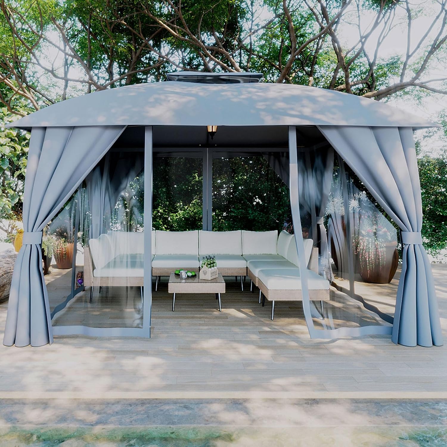 Gazebo 10x12(Canopy Size) with Mosquito Netting & Privacy Screens. Double Roof Design Outdoor Gazebo with Trapezoidal Support System for Patio, Deck, Backyard, Garden & Lawns