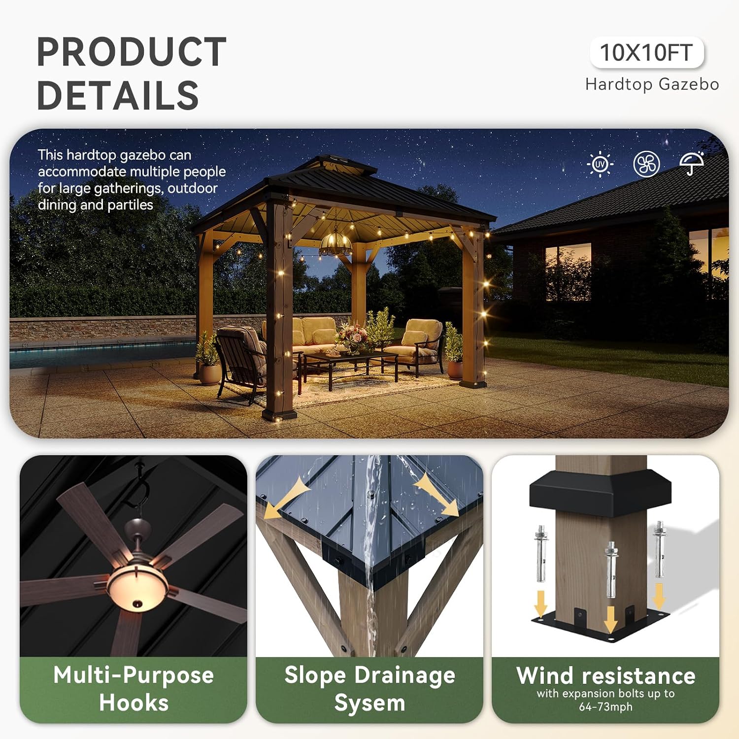 Aoxun 10' x 10' Outdoor Wood Gazebo, Hardtop Gazebo Permanent Wooden Pavilion with Galvanized Steel Double Roof, for Patio, Garden, Deck, Cedar Wood, Grey
