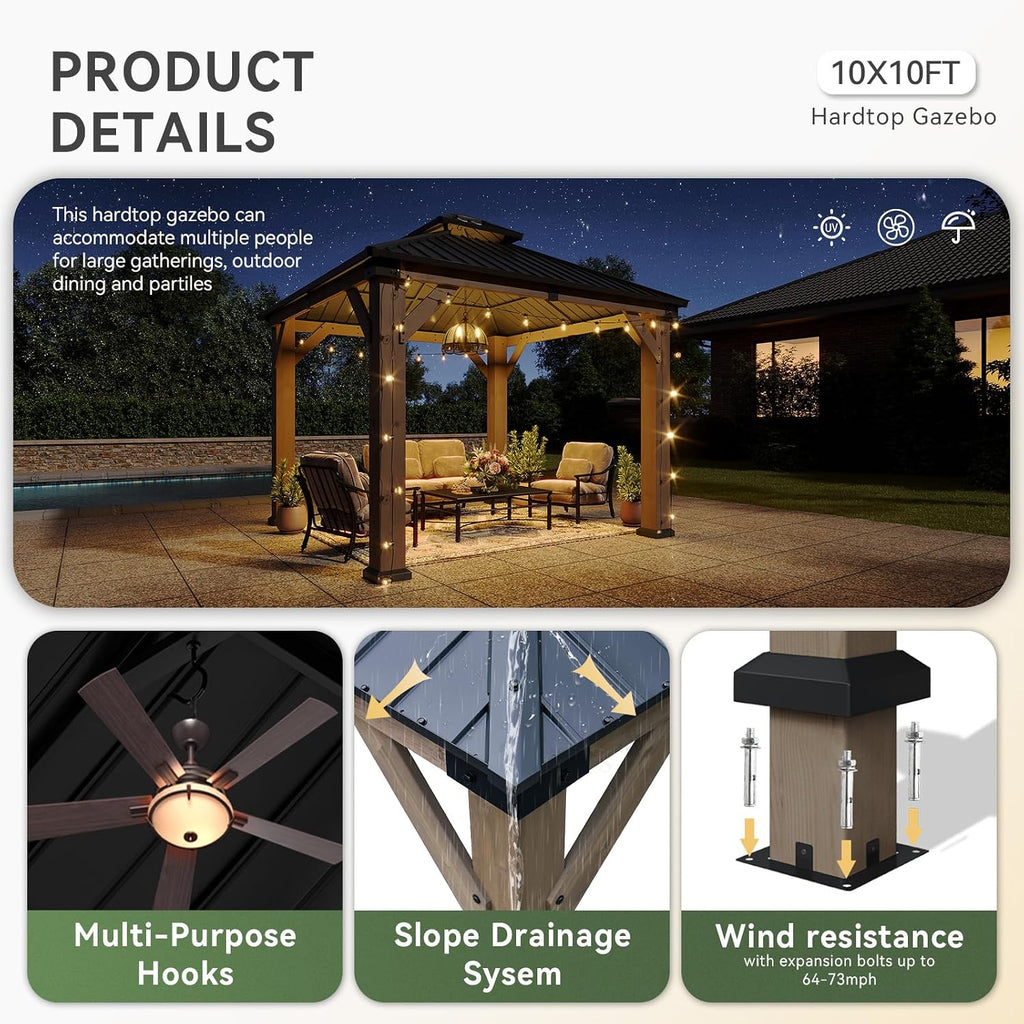 Aoxun 10' x 10' Outdoor Wood Gazebo, Hardtop Gazebo Permanent Wooden Pavilion with Galvanized Steel Double Roof, and LED Outdoor Waterproof Hanging Lights, for Patio, Garden, Deck, Cedar Wood
