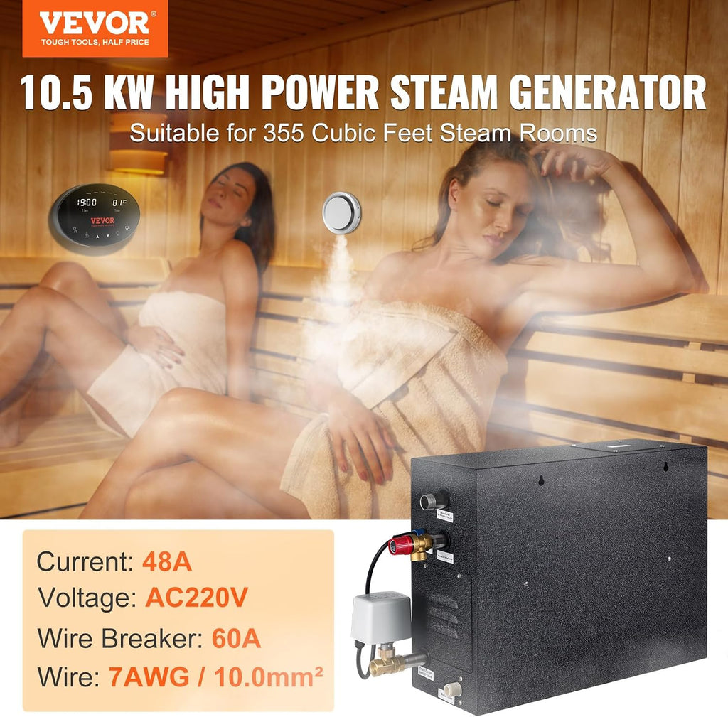 VEVOR Steam Shower Generator, 10.5 kW, Segmented Heating System with Temperature Customization & 24h Timer, Automatic Drainage Luxury Steam Bath Kit for Home