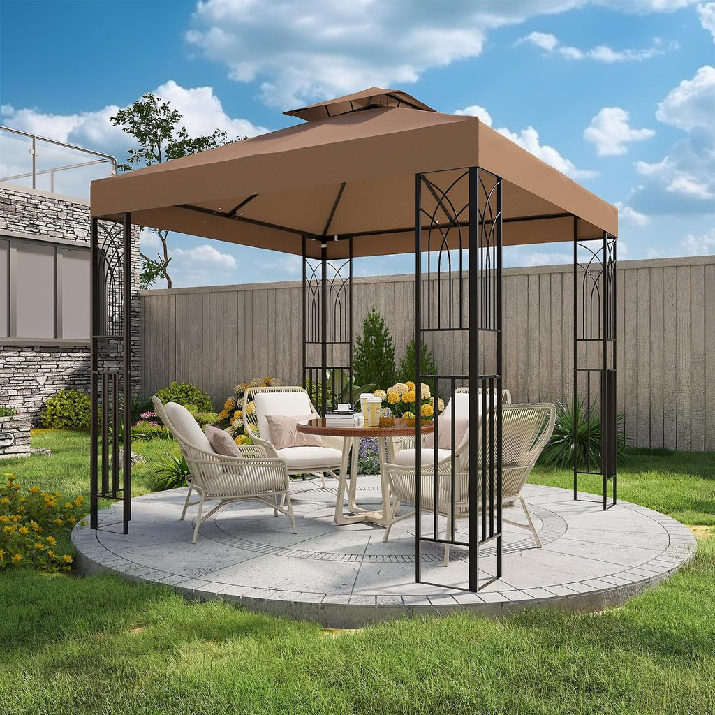 COOS BAY 8x8 Patio Gazebo with Corner Shelves, Two Tier Soft Top Canopy with UV Protection for Backyard, Garden, Lawn, Outdoor Events, Brown