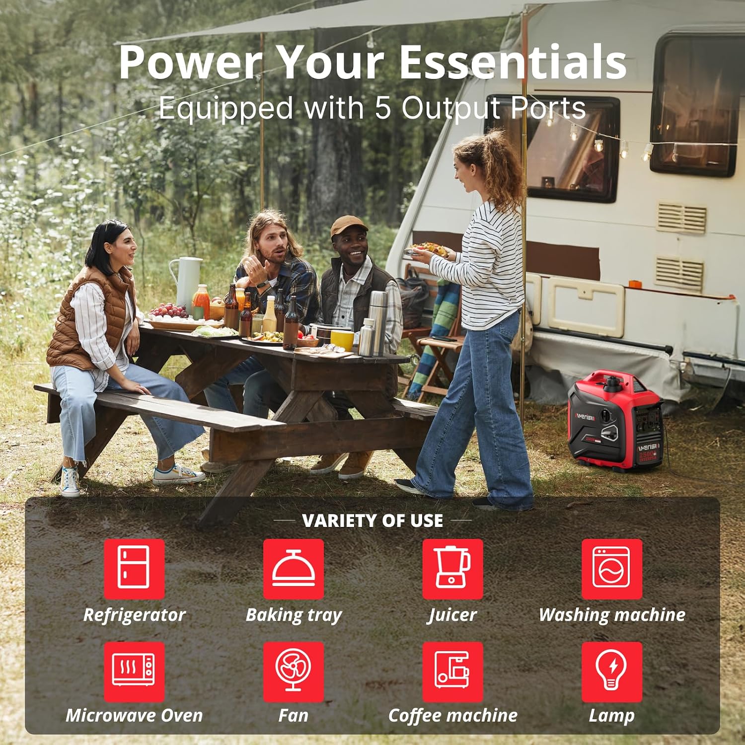 AMERISUN 2500-Watt Inverter Generator, Super Quiet & Lightweight Gas Powered Generator, CO Sensor, RV Ready Parallel Capable, Long Run Time for Camping, Tailgating and Home Use