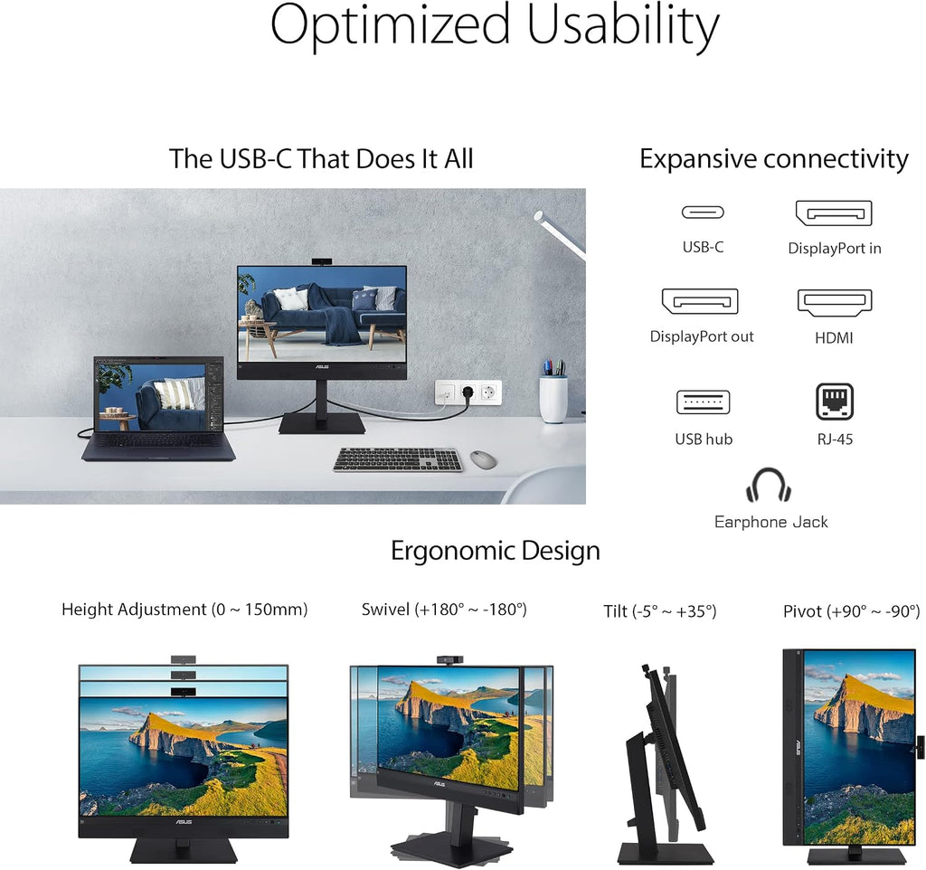 ASUS 24' 1080P Video Conferencing Monitor (BE24ECSNK) - Full HD, IPS, Built-in Adjustable 2MP Webcam, AI Noise-canceling Mic, Eye Care, USB-C Docking, RJ45, Height Adjustable, HDMI, Zoom Certified