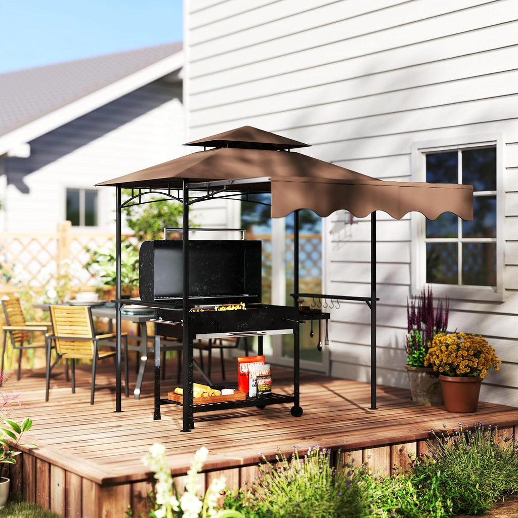 Outsunny 8' x 7.6' Grill Gazebo, Double Tiered Outdoor BBQ Gazebo with Side Awning, 2 Side Shelves and 6 Hooks for Patio, Deck, Yard, Brown