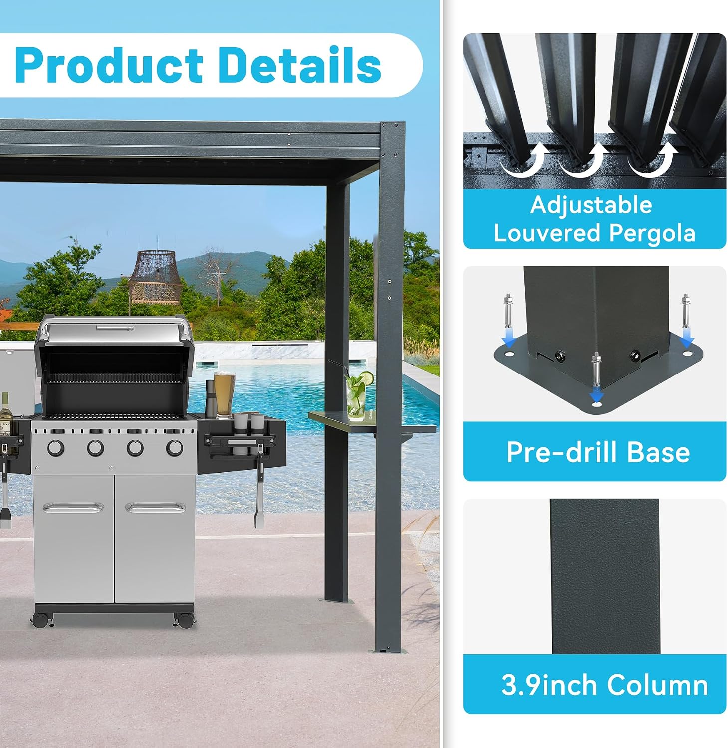 8x5 FT Grill Louvered Pergola for Outdoor Grill, Hardtop Grill Pergola with Built-in Gutter & Adjustable Rainproof Roof, Metal Shelter Gazebo for Patio Backyard Deck -Grey