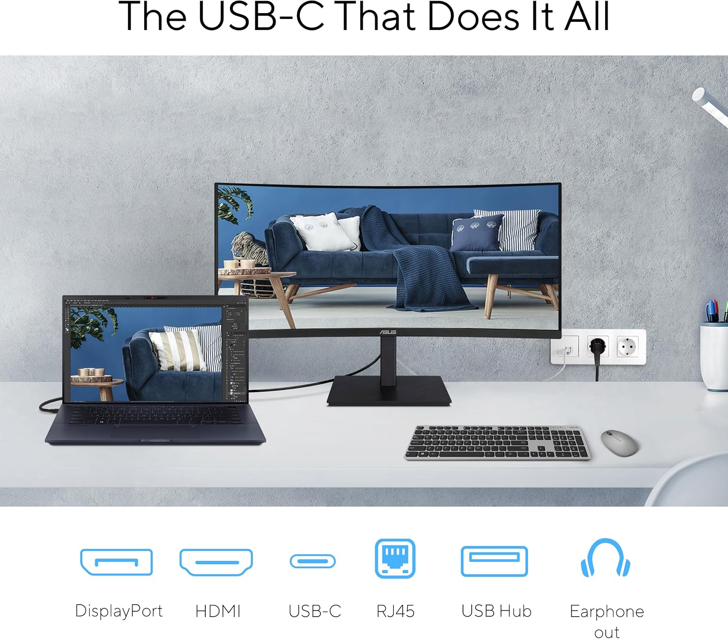 ASUS 34' Curved USB-C Docking Monitor (VA34VCPSR) - WQHD (3440x1440), 1500R Curvature, Frameless, USB-C PD 96W, RJ45, USB hub, Eye Care, Ergonomic, VESA Wall Mountable, 3 yr Warranty