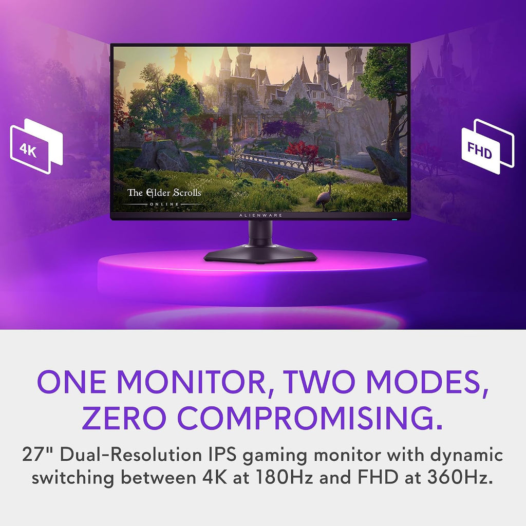 Alienware 27 4K Dual-Resolution Gaming Monitor - AW2725QF - 4K at 180Hz and FHD at 360Hz, 0.5ms GTG 1ms GTG (Extreme Mode), VESA AdaptiveSync, NVIDIA G-SYNC Compatible, HDMI/DP/USB 3.2 Gen1 - Black