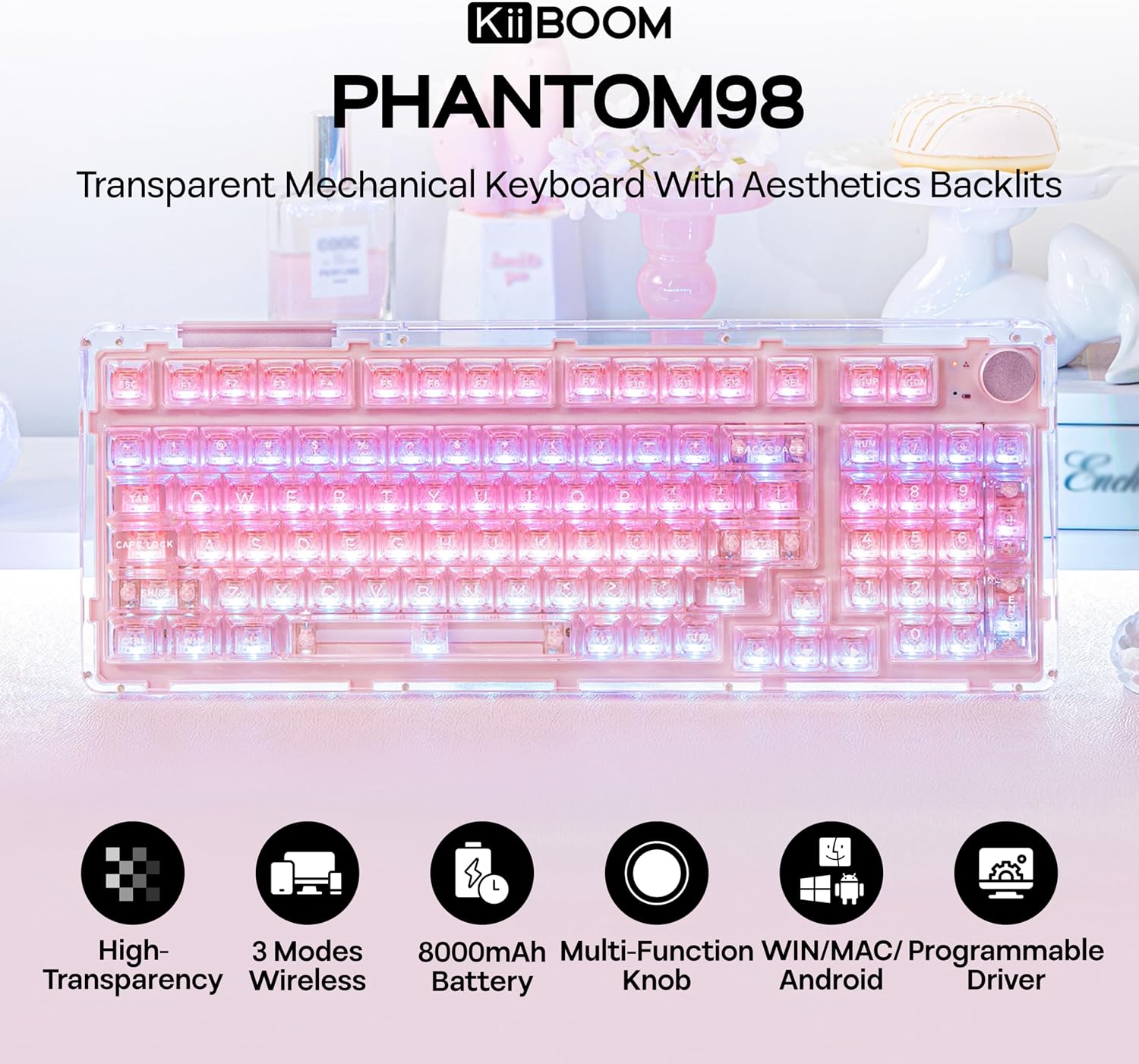 KiiBoom Phantom 98 Crystal Mechanical Gaming Keyboard, Transparent Keyboard with RGB Backlits, Hot-Swappable, Shine Through Clear Keycaps, 3 Modes Wireless, 8000mAh Battery, NKRO for Win/Mac (Pink)