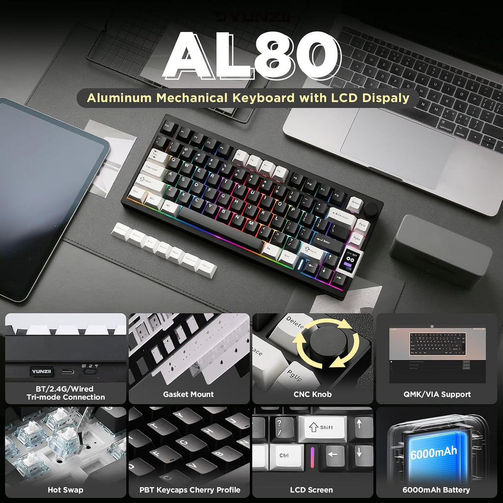 YUNZII AL80 Wireless Mechanical Keyboard,Full Aluminum CNC, Smart LCD Display,Hot Swappable Gasket Mount 75% Layout with Knob,BT/2.4G/USB-C,QMK/VIA Support for Win/Mac (Black, Cocoa Cream V2 Switch)