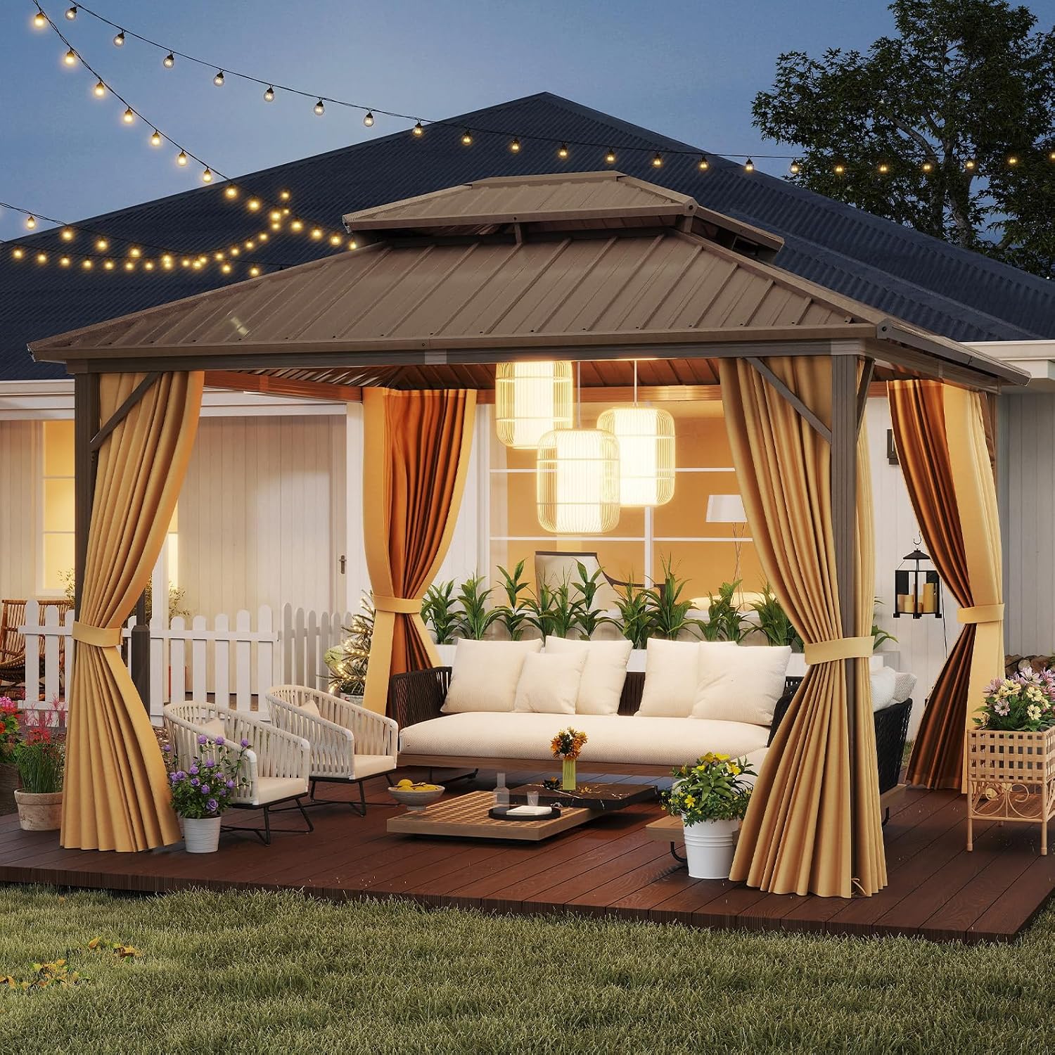 Tangkula 12x12 FT Hardtop Gazebo, Outdoor Permanent Pavilion Shelter with Netting & Curtain, Heavy-Duty Double Galvanized Metal Roof, Aluminum Frame, Outdoor Gazebo for Patio Garden Deck Lawn