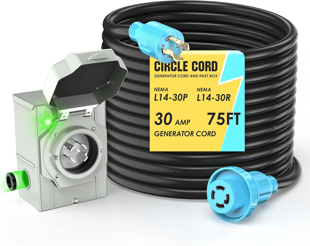 CircleCord 4 Prong 75 Feet 30 Amp Generator Extension Cord and Inlet Box with Locking Connector, Heavy Duty NEMA L14-30P/L14-30R, 125/250V 7500W 10 Gauge SJTW Generator to House Power Cord