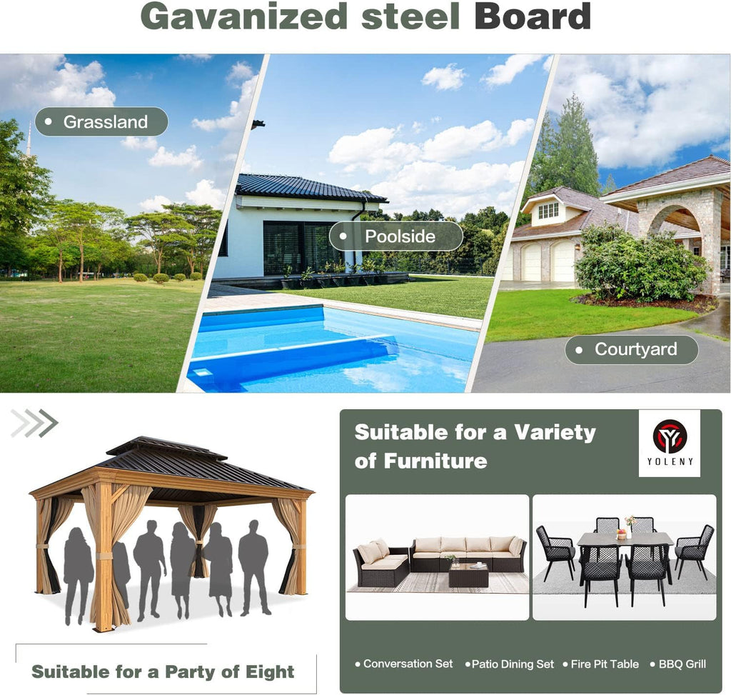 YOLENY 12' x 14' Hardtop Gazebo Wood Grain Aluminum Frame Gazebo, Outdoor Permanent Metal Pavilion with Netting and Curtains for Deck, Backyard, Patio, Lawns