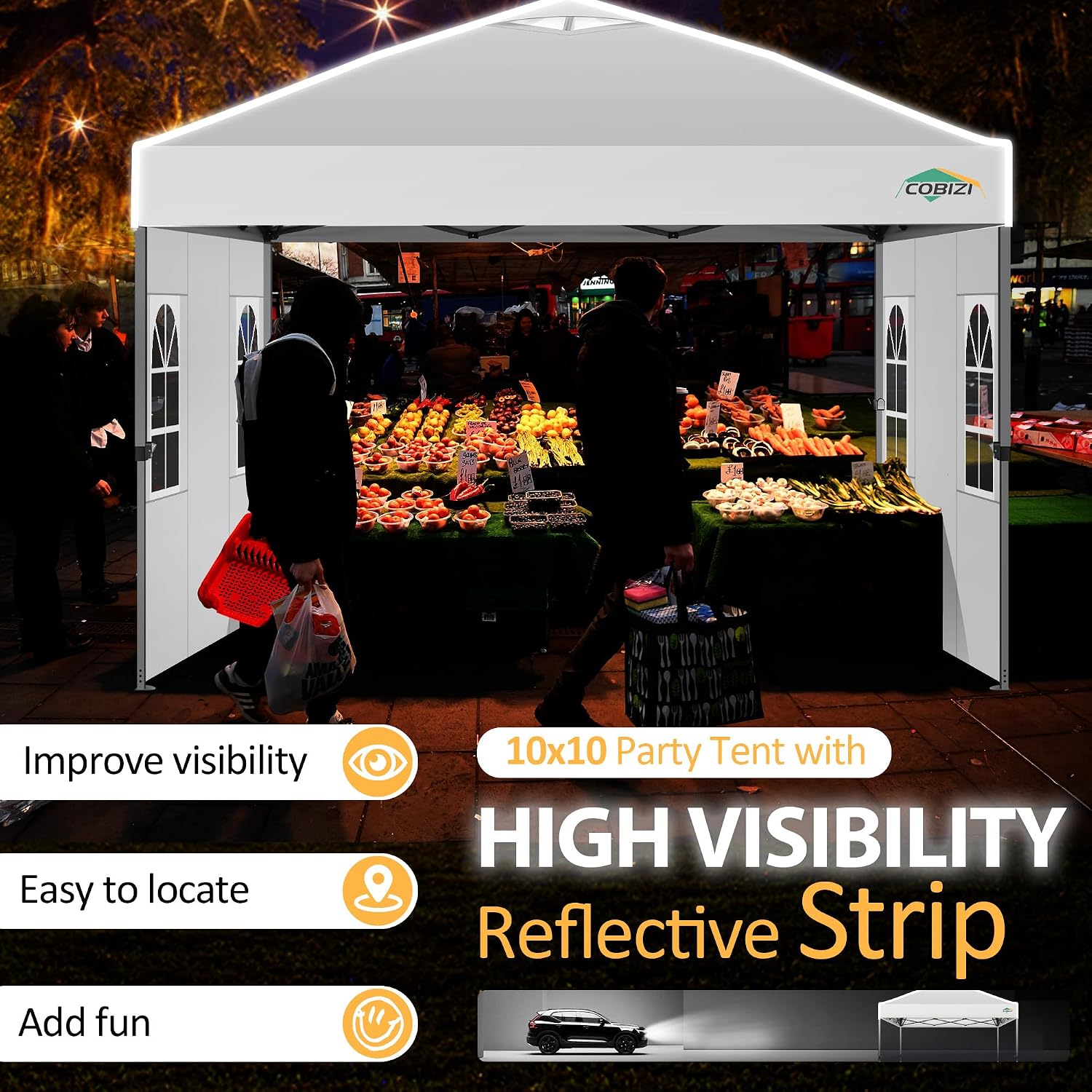 COBIZI 10x10 Pop up Canopy Tent with Sidewalls, One Push Setup, Waterproof & UV 50+ Outdoor Commercial Event Gazebo with Air Vent, Reflective Strip, 4 Sandbags Tents for Parties/Backyard/Camping,White