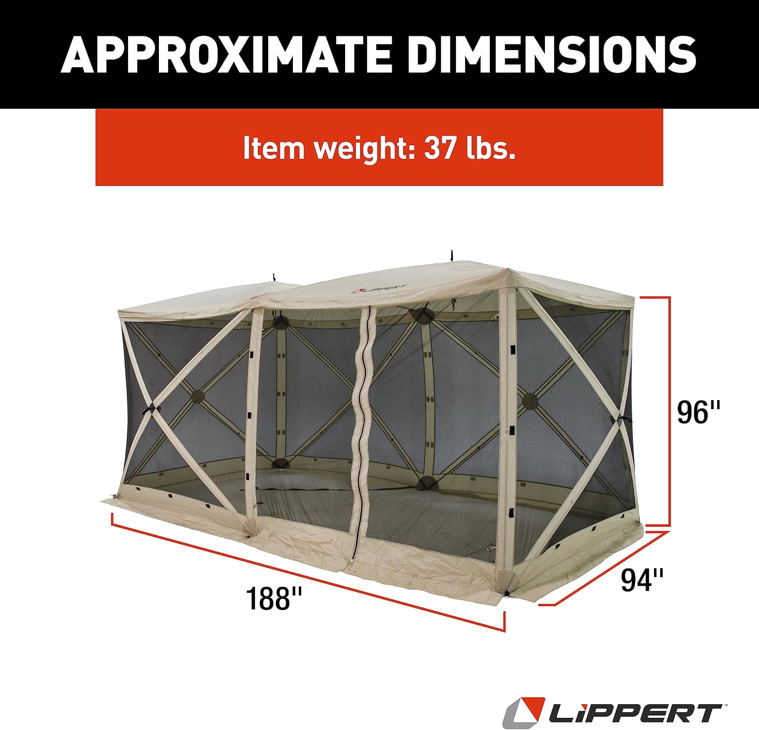Lippert Picnic Popup Double Gazebo Tent for Camping, Patios and Easy Outdoor Shelter, 16' x 8' Breathable Mesh Screen Walls, 8-12 People, 128 Sq. Ft. Integrated Lantern Holders - 2022114836