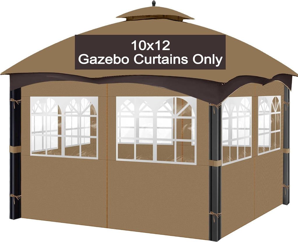 10'x12' Gazebo Curtains Outdoor Waterproof with PVC Windows, 4-Panel Sidewalls Universal Replacement Privacy Curtain, Outdoor Curtains for Patio, Backyard (Khaki)