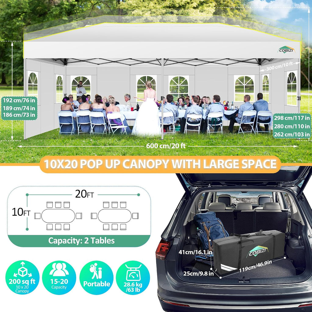 COBIZI 10x20 Pop Up Canopy with 6 Sidewalls One Push Setup Outdoor Event Shelter Waterproof UPF 50+ Gazebo Tent with Carry Bag,Air Vent,Sandbag for Wedding, Commercial, Party,White