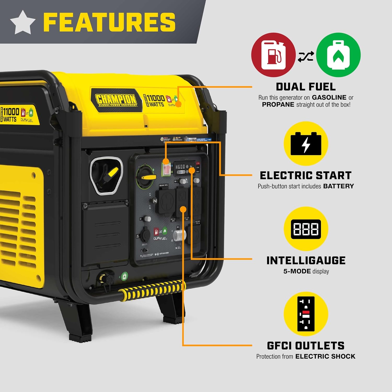 Champion Power Equipment 11,000-Watt Electric Start Dual Fuel Home Backup Portable Inverter Generator with Quiet Technology and CO Shield