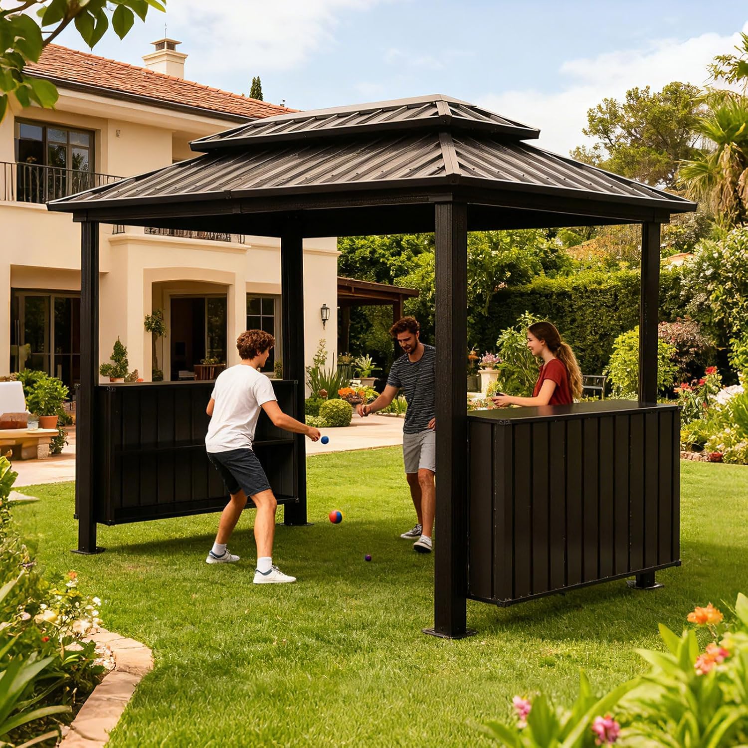Hardtop Grill Gazebo, 2 Side Shelves & Ceiling Hooks, Permanent Outdoor BBQ Canopy with Galvanized Steel Roof, Metal All-Steel Frame for Patio, Backyard, Deck, Lawn, (Brown, 6x10FT Classic Roof)