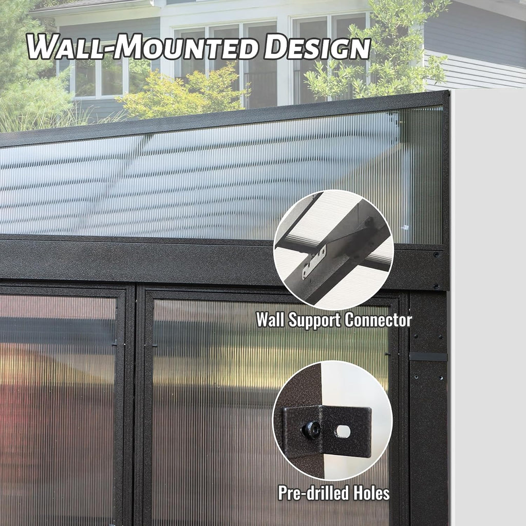 Domi 10x12FT All Season Sunroom, Outdoor Permanent Wall Mounted Solarium with Detachable Polycarbonate Windows, Aluminum Lean to Gazebo Sun Room with 2 Lockable Sliding Doors for Garden Patio Deck