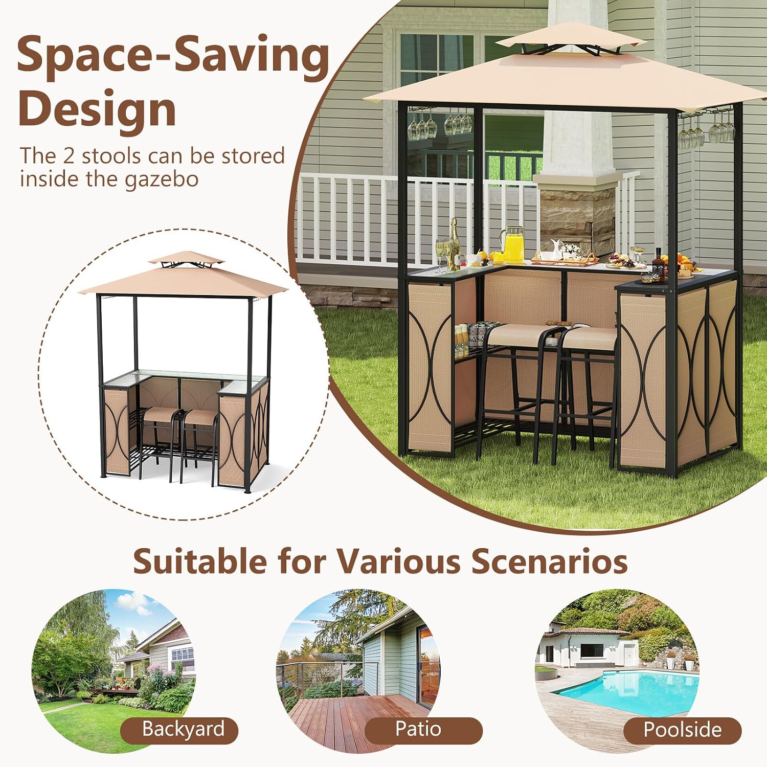 Tangkula 6.5 x 4 x 8 FT Grill Gazebo Set, 3-Piece Patio Bar Set with 2 Bar Stools, Tempered Glass Bar Table, 2-Tier Slatted Metal Shelves, Double Roof Design, BBQ Gazebo Shelter for Patio (Brown)