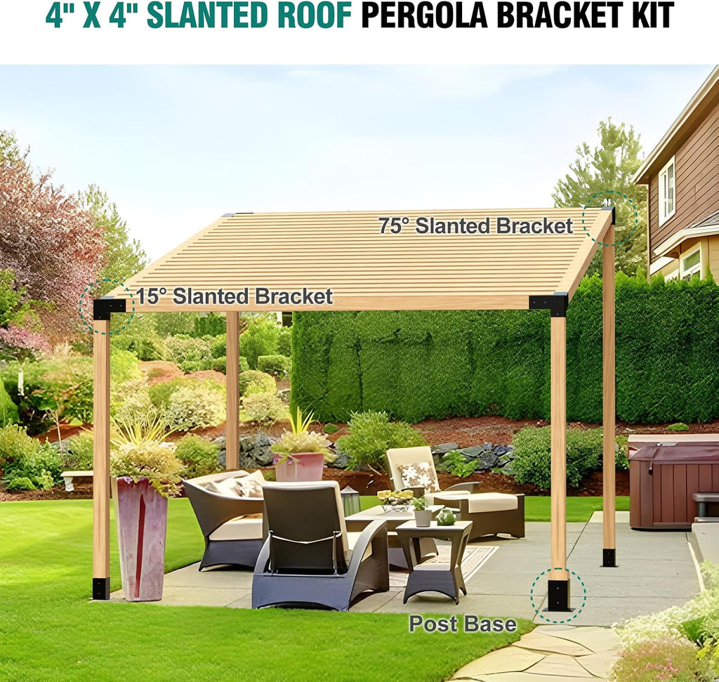 HAYOHRT 15° Pergola Brackets 75° Corner Bracket with Post Base Gazebo Kit for 4x4'' (Actual 3.5x3.5 in) Wooden Beams Lumber Gazebos Patio Pergola Sheds