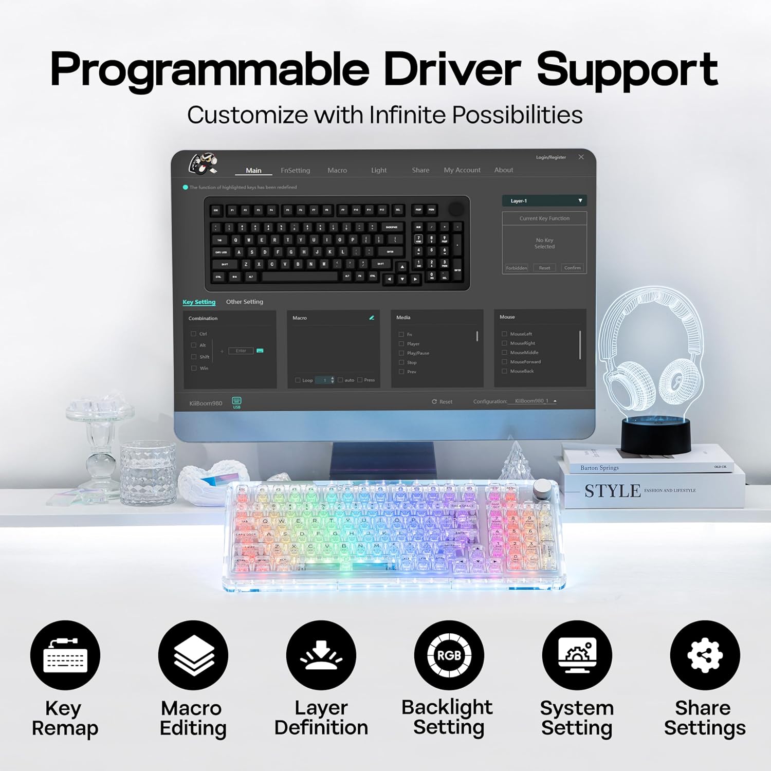 KiiBoom Phantom 98 Crystal Mechanical Gaming Keyboard, Transparent Keyboard with RGB Backlits, Hot-Swappable, Shine Through Clear Keycaps, 3 Modes Wireless, 8000mAh Battery, NKRO for Win/Mac (Clear)